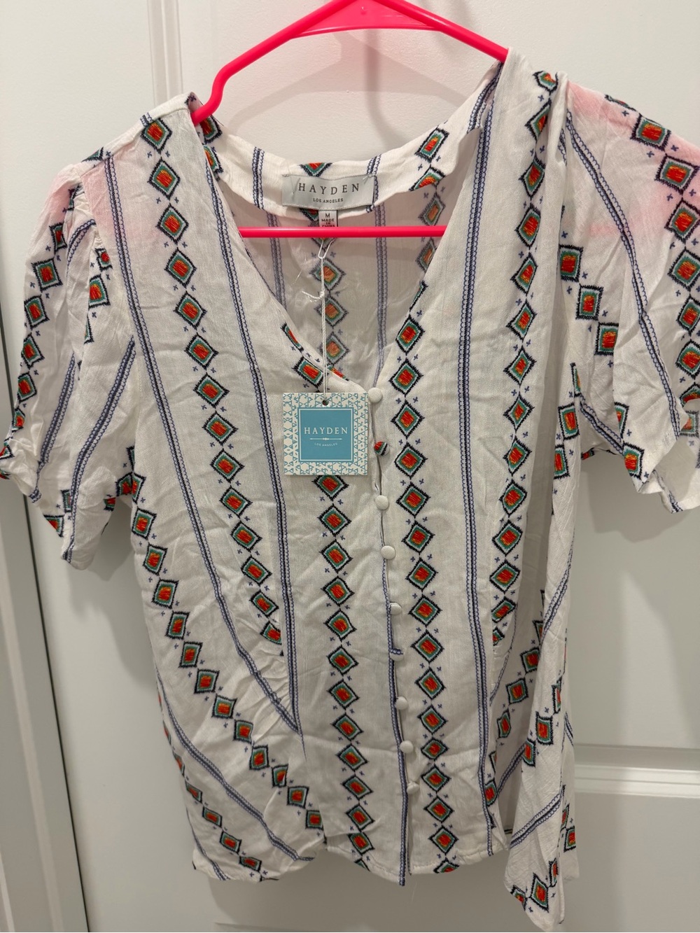Hayden White Embroidered Button-Front V-Neck Blouse with Multicolor Diamond Trim
